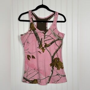 Realtree Pink Camouflage 1/4 Button Raceback Tank Top Ladies Medium Breathable